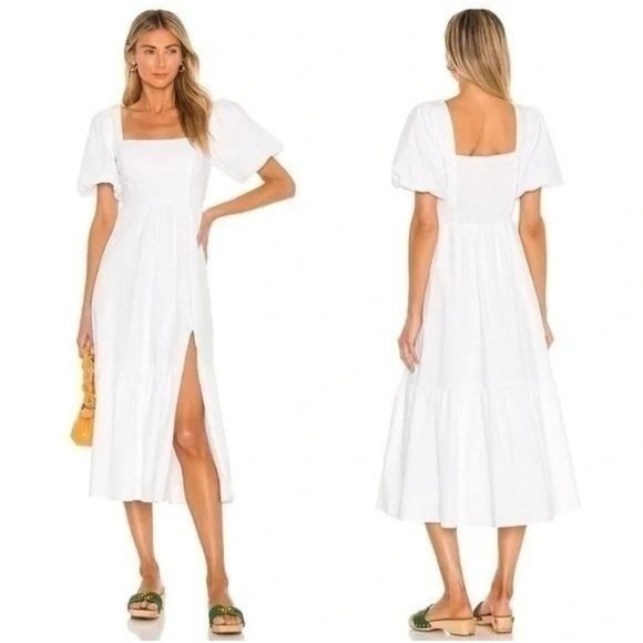 Astr Dresses & Skirts - ASTR The Label Smocked Tiered Puff Sleeve Square Neck Slit Midi Dress White
